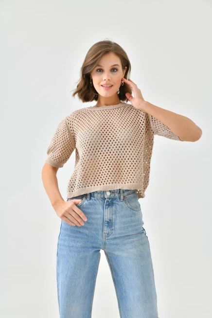 Kadın Vizon Ajurlu Mevsimlik Triko Kazak