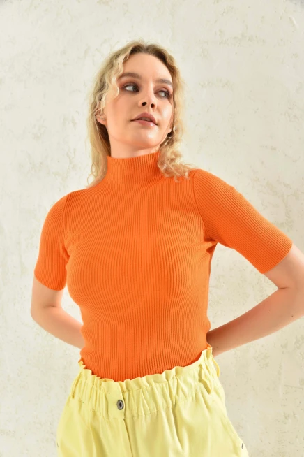 Kadın Yarım Balıkçı Kısa Kol Basic Triko Bluz