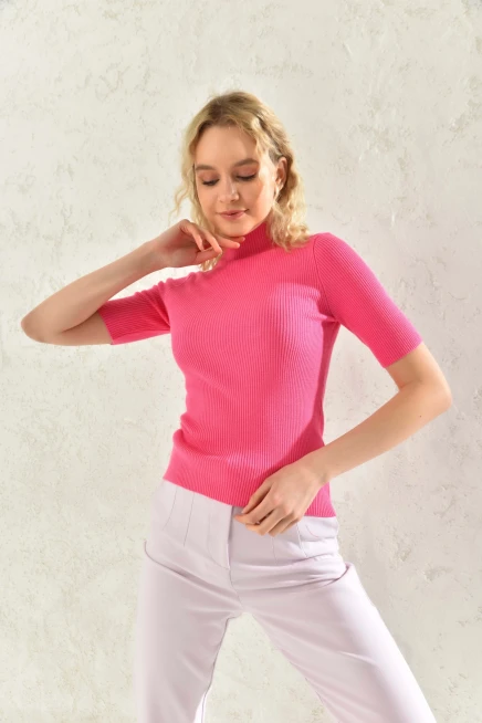 Kadın Yarım Balıkçı Kısa Kol Basic Triko Bluz