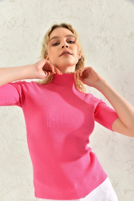 Kadın Yarım Balıkçı Kısa Kol Basic Triko Bluz