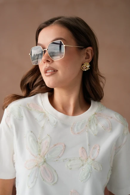 Bisiklet Yaka Önyüzü Tül Dantel Giydirmeli Basic T-Shirt