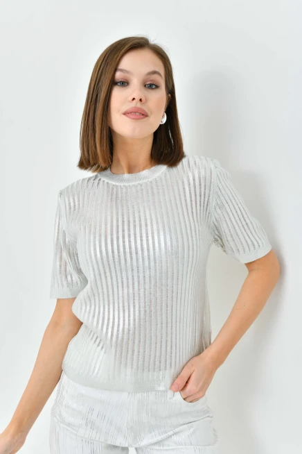 Kadın Bisiklet Yaka Örgü Detay Varaklı Triko Kazak