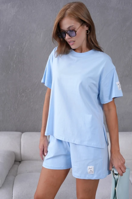 Bisiklet Yaka Kısa Kol Üst Bel Bağcıklı Lastikli Şort Basic Örme İkili Takım