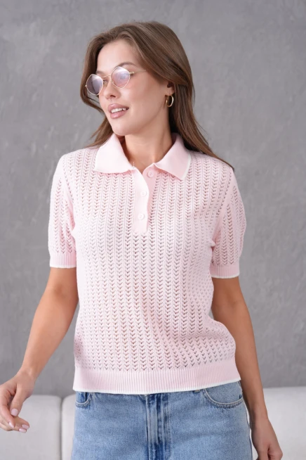 Polo Yaka Ajurlu Kısa Kol Triko Kazak