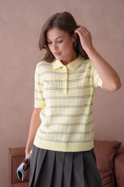 Polo Yaka Kısa Kol Desenli Polo Triko Kazak