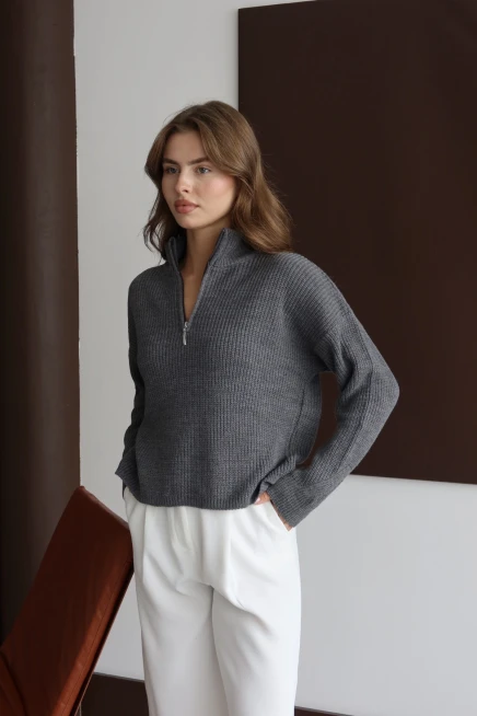 Kadın Antrasit Basic Oversize Yarım Pat Fermuarlı Triko Kazak 