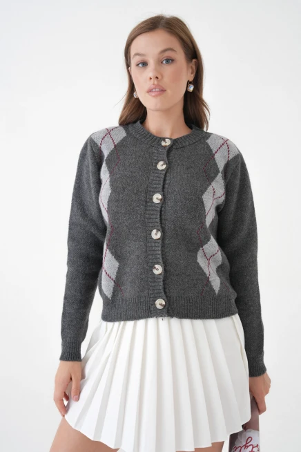 Kadın antrasit bisiklet yaka düğme detay desenli triko hırka 8605sw