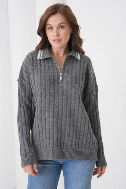 kadın antrasit polo yaka fermuarlı oversize triko kazak 8657sw