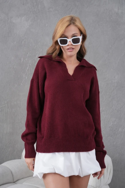 kadın bordo polo yaka oversize yarım pat yumuşak dokulu triko kazak 8585sw