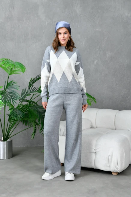 kadın gri bisiklet yaka baklava desenli kazak pantolon triko alt-üst takım 214076