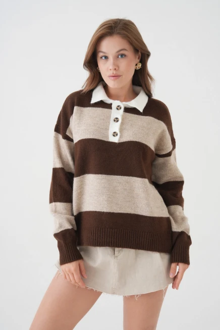 kadın kahve polo yaka çizgili oversize yumuşak dokulu triko kazak 8626sw