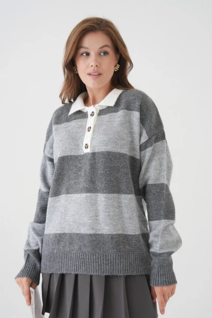 kadın kahve polo yaka çizgili oversize yumuşak dokulu triko kazak 8626sw