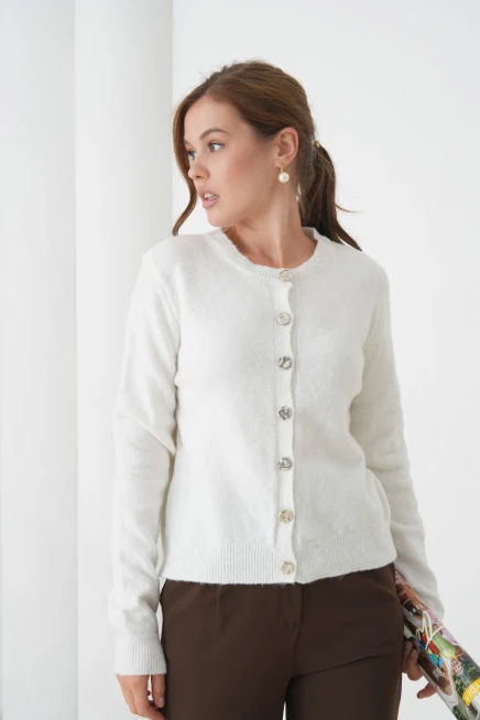 Kadın kemik bisiklet yaka düğme detay yumuşak dokulu triko hırka 8559