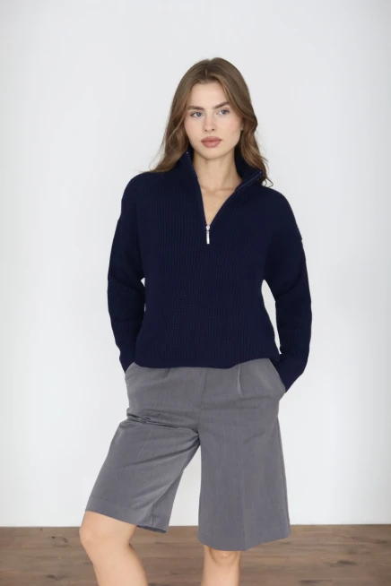 Kadın Lacivert Basic Oversize Yarım Pat Fermuarlı Triko Kazak 