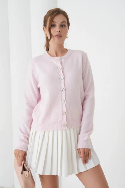 Kadın pembe bisiklet yaka düğme detay yumuşak dokulu triko hırka 8559