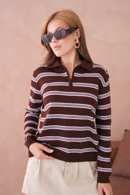 Kadın Polo Yaka Çizgi Detay Oversize Triko Kazak