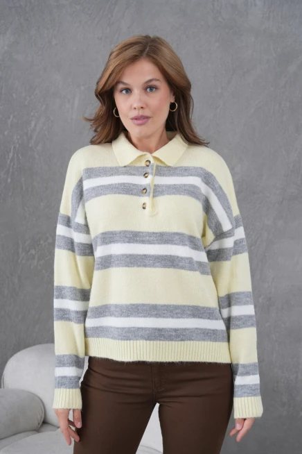 Kadın Polo Yaka Çizgili Oversize Triko Kazak