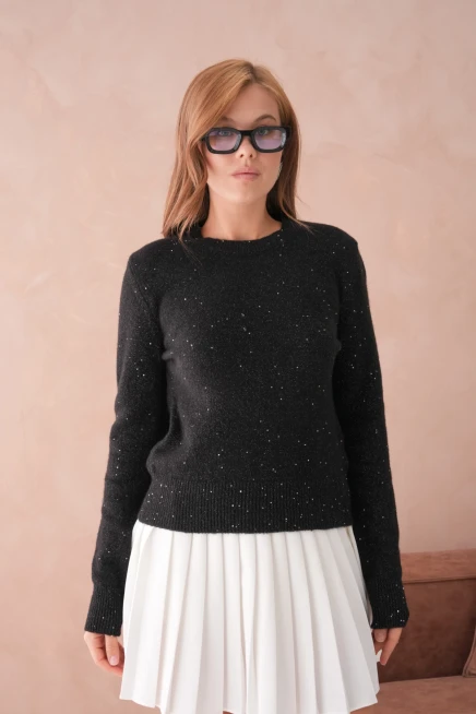 kadın siyah bisiklet yaka simli yumuşak dokulu triko kazak 8540