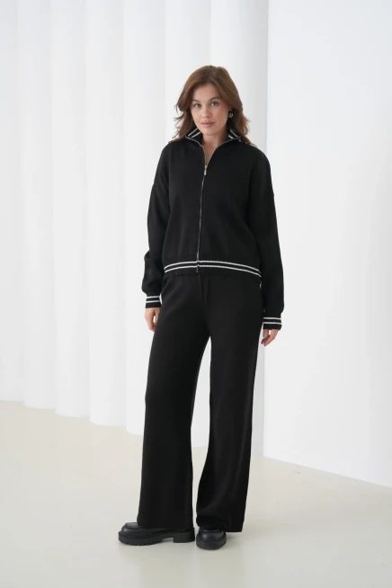 kadın siyah polo yaka fermuarlı kazak pantolon triko alt-üst takım 12343