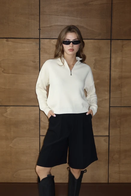 Kadın Taş Basic Oversize Yarım Pat Fermuarlı Triko Kazak