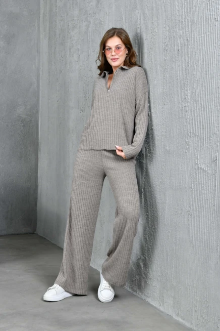 kadın vizon polo yaka oversize kazak pantolon triko alt-üst takım 10955