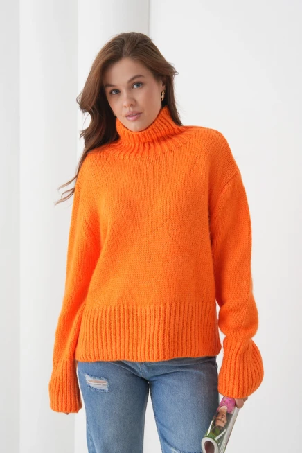 Kadın Balıkçı Yaka Oversize Kaşkarse Triko Kazak