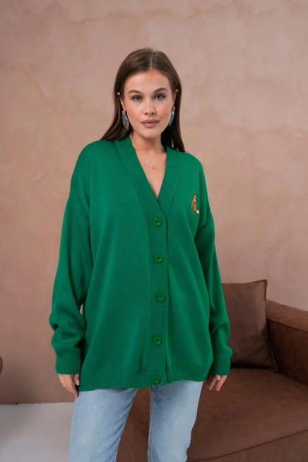 Kadın V Yaka Düğme Kapama Nakışlı Oversize Triko Hırka