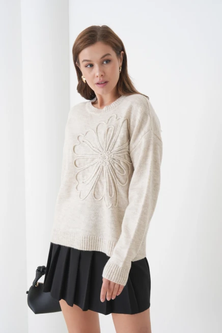 Kadın Bisiklet Yaka Desen İşlemeli Yumuşak Dokulu Triko Kazak