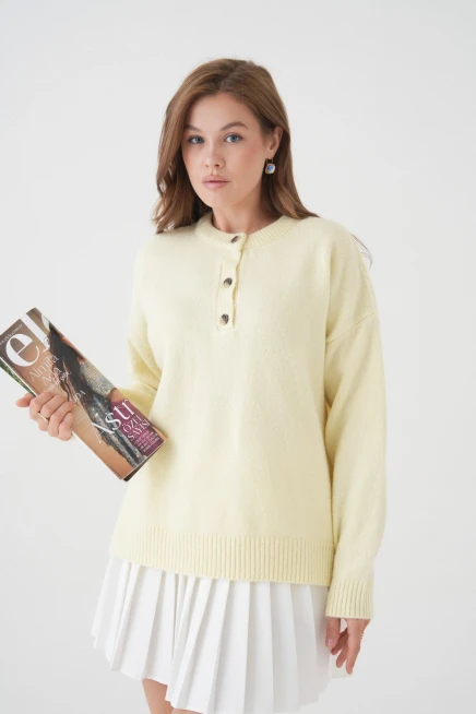 Kadın Bisiklet Yaka Düğme Detay Triko Kazak 8623