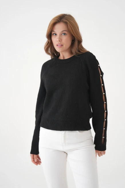 Kadın Bisiklet Yaka Kolları Boncuk Detay Yumuşak Dokulu Triko Kazak