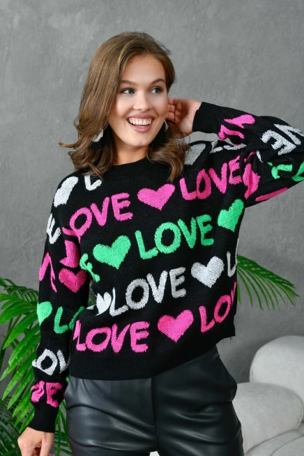 Kadın Bisiklet Yaka Love Örgü Desenli Havlu Kumaş Triko Kazak 10469