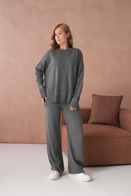 Kadın Bisiklet Yaka Yırtmaçlı Kazak Pantolon İkili Triko Takım