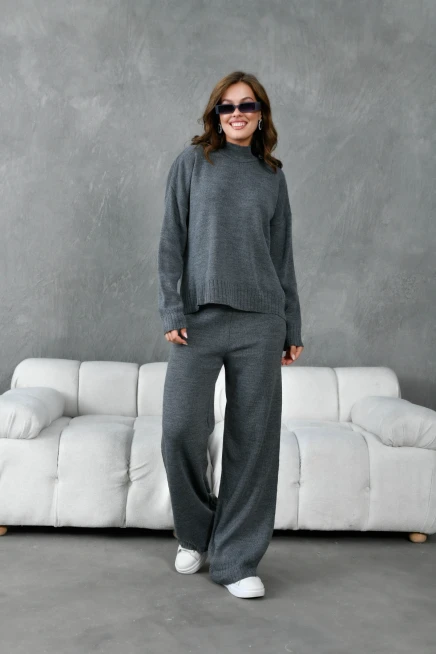 Kadın Dik Yaka Yırtmaçlı Oversize Kazak Pantolon İkil Triko Takım