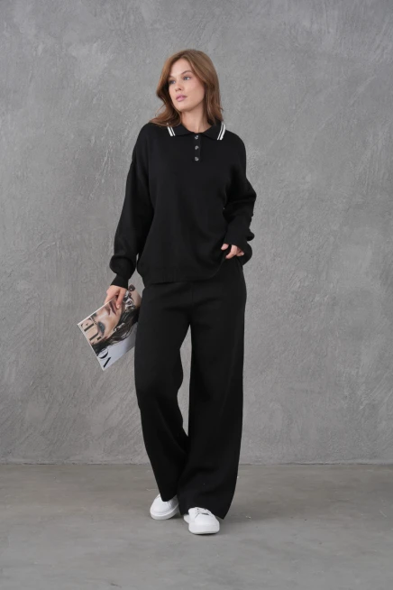 Kadın Polo Yaka Düğme Detay Kazak Pantolon İkili Triko Takım