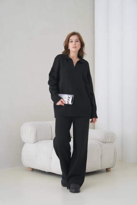 Kadın Polo Yaka Yarım Pat Oversize Kazak Pantolon İkili Triko Takım