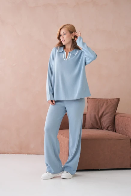 Kadın Polo Yaka Yarım Pat Salaş Kazak Oantolon İkili Triko Takım