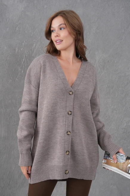 Kadın V Yaka Düğme Kapama Oversize Uzun Triko Hırka 8596