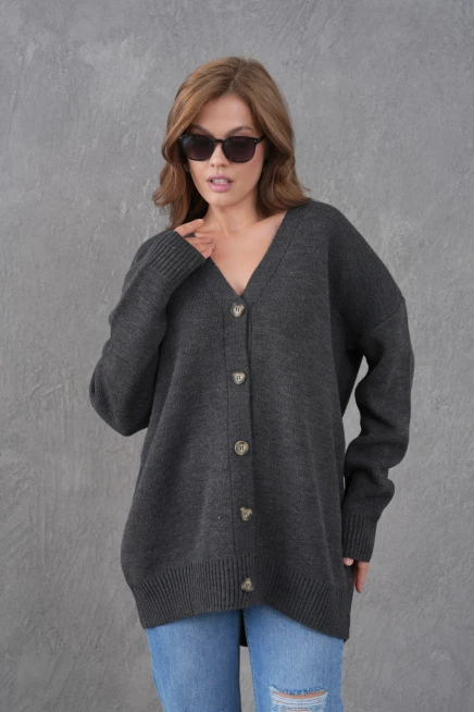 Kadın V Yaka Düğme Kapama Oversize Uzun Triko Hırka 8596