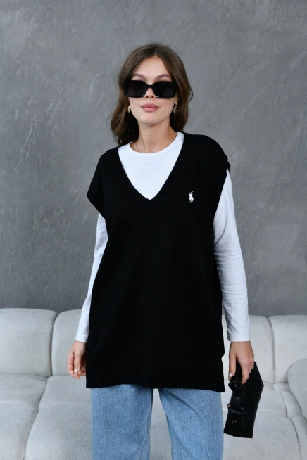 Kadın V Yaka Nakışlı Oversize Triko Sweater