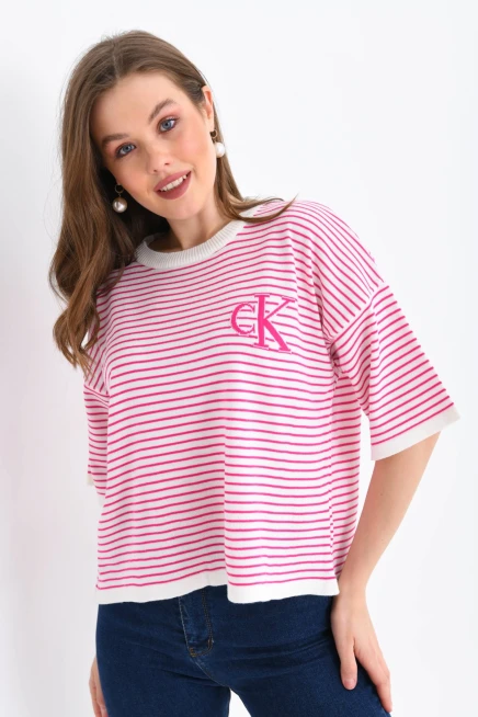 Kadın Bisiklet Yaka Çizgili Oversize Triko Kazak 10160