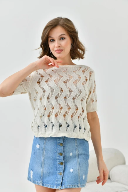 Kadın Bisiklet Yaka Örgü Detay Ajurlu Triko Buz 8220Sw