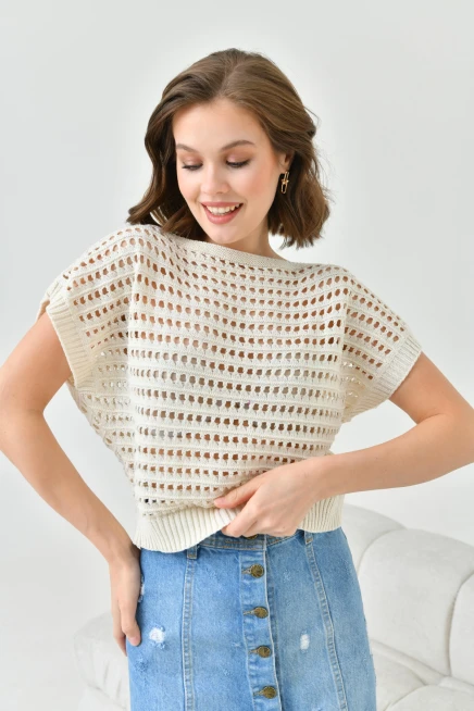 Kadın Kayık Yaka Ajurlu Crop Triko Bluz 8249Sw