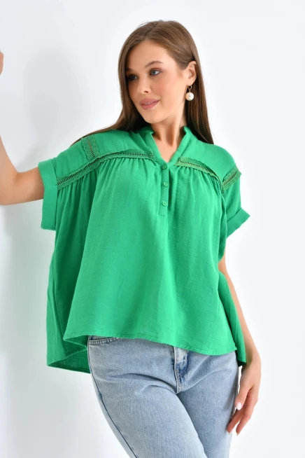 Dantel Detay Kısa Dokuma Bluz