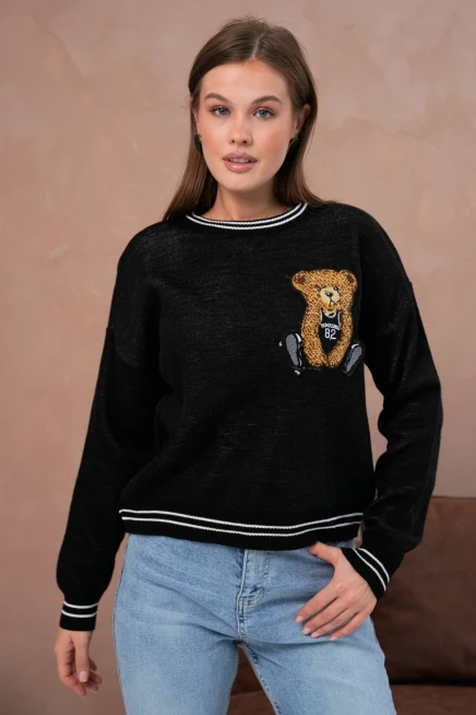 Kadın Bisiklet Yaka Çizgi Detay Nakışlı Triko Kazak 10519