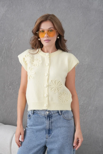 Kadın Bisiklet Yaka Düğme Detay Örgü Desenli Triko Ceket 8602Sw