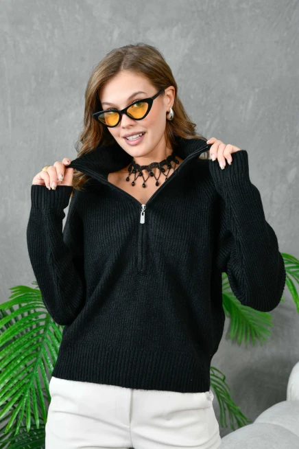 Kadın Fermuarlı Yaka Selanik Örgü Triko Kazak 8018Sw