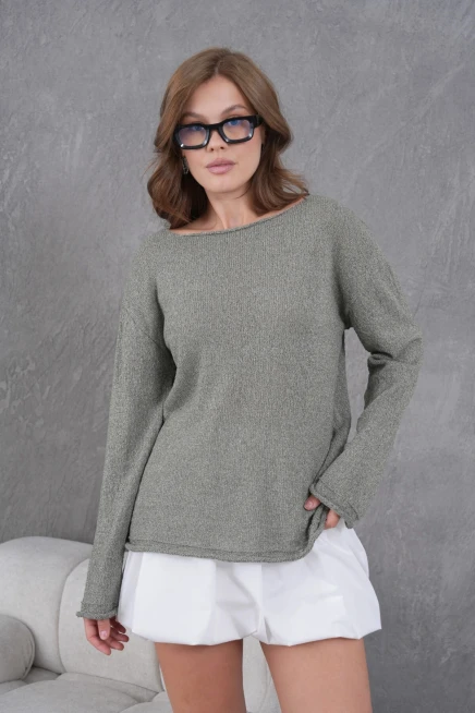 Kadın Haki Basic Oversize Kayık Yaka Dokulu Triko Kazak 8529sw