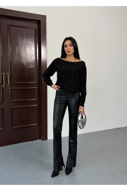 Kadın Kayık Yaka Simli Premium İplik Triko Kazak 12393.Pr