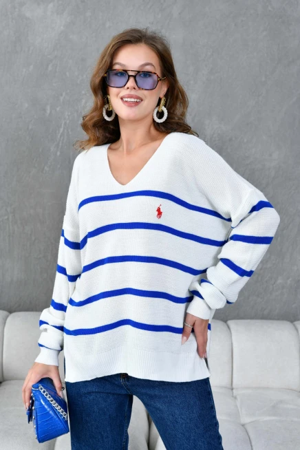 Kadın Nopeli Selanik Örgü V Yaka Çizgili Triko Kazak 224275