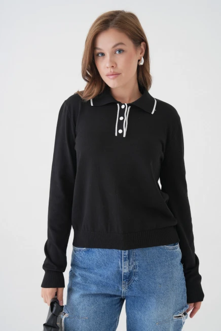 Kadın Polo Düğme Detay Basic Triko Kazak 12338.Vrt